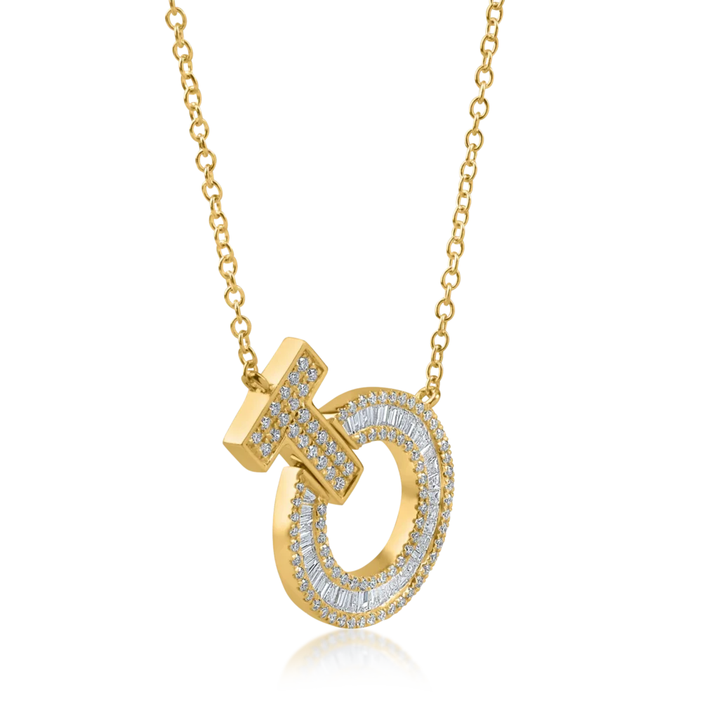 Lant cu pandantiv geometric din aur galben cu diamante baguette si rotunde de 0.6ct - imagine 2