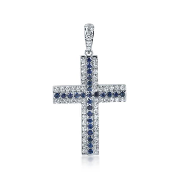 Pandantiv cruce din aur alb cu safire de 1.7ct si diamante de 0.9ct