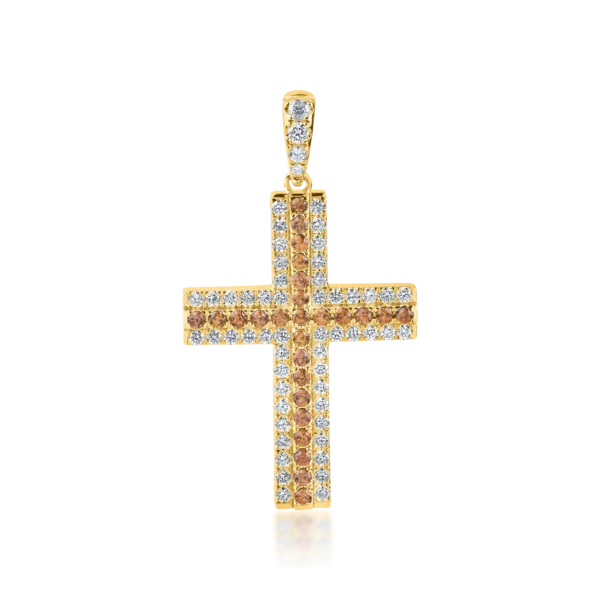 Pandantiv cruce din aur galben cu safire galbene de 0.9 ct si diamante de 0.9ct