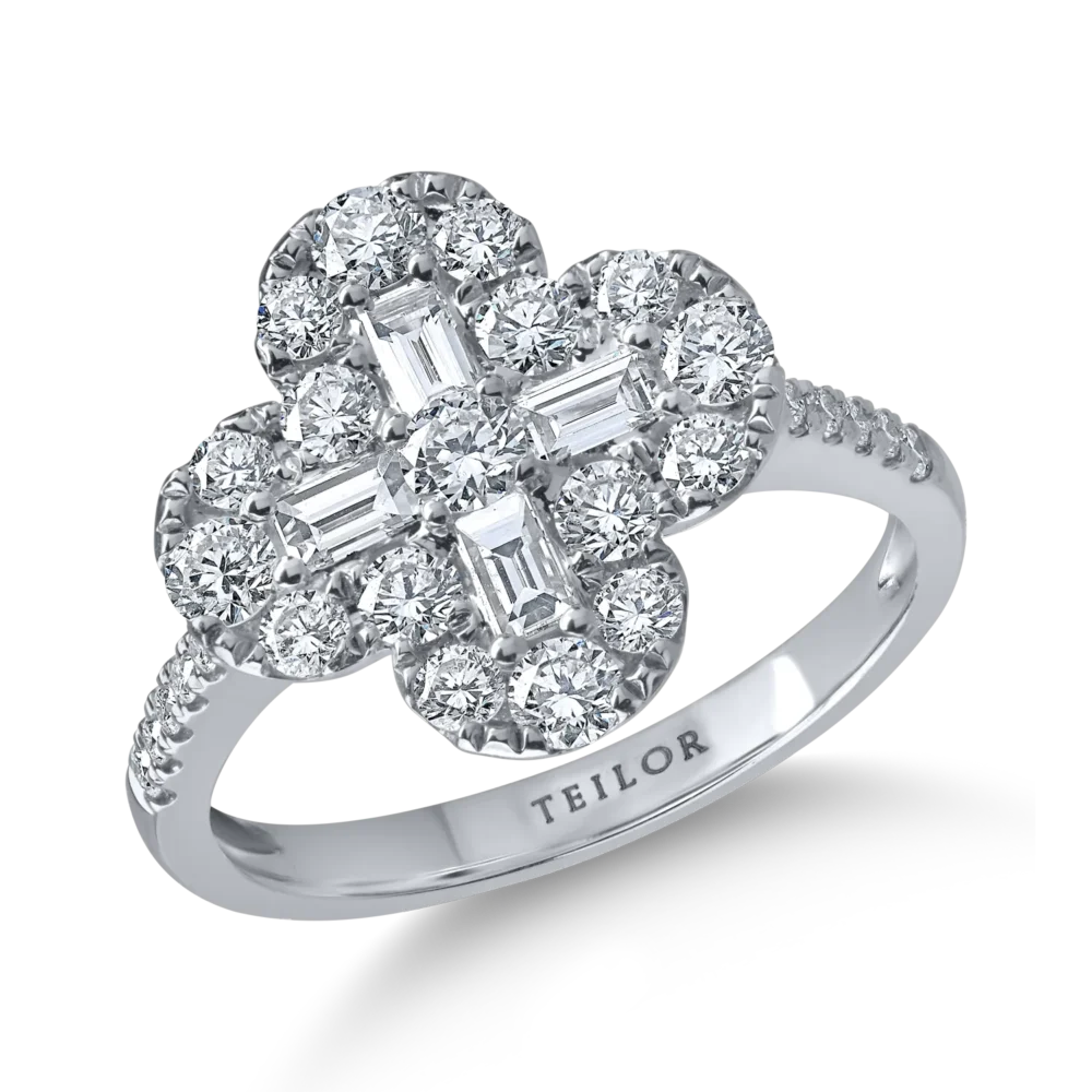 Inel geometric din aur alb cu diamante baguette si rotunde de 1.3ct