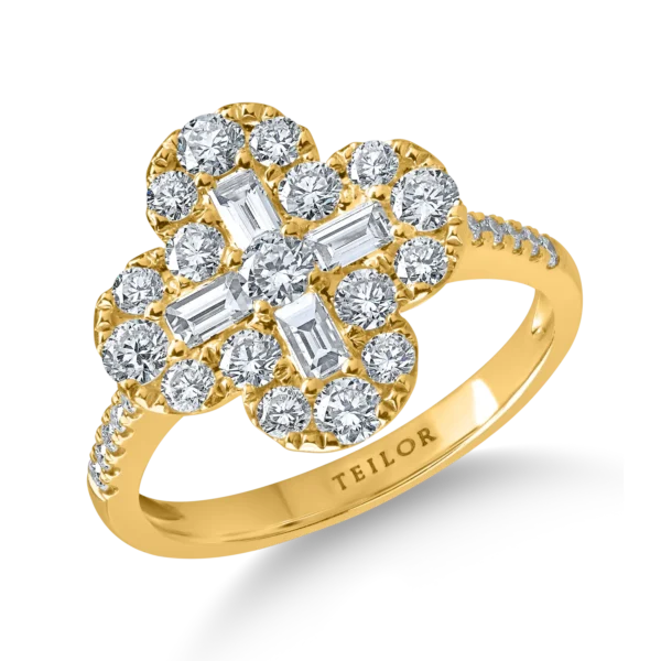 Inel floare din aur galben cu diamante baguette si rotunde de 1.3ct