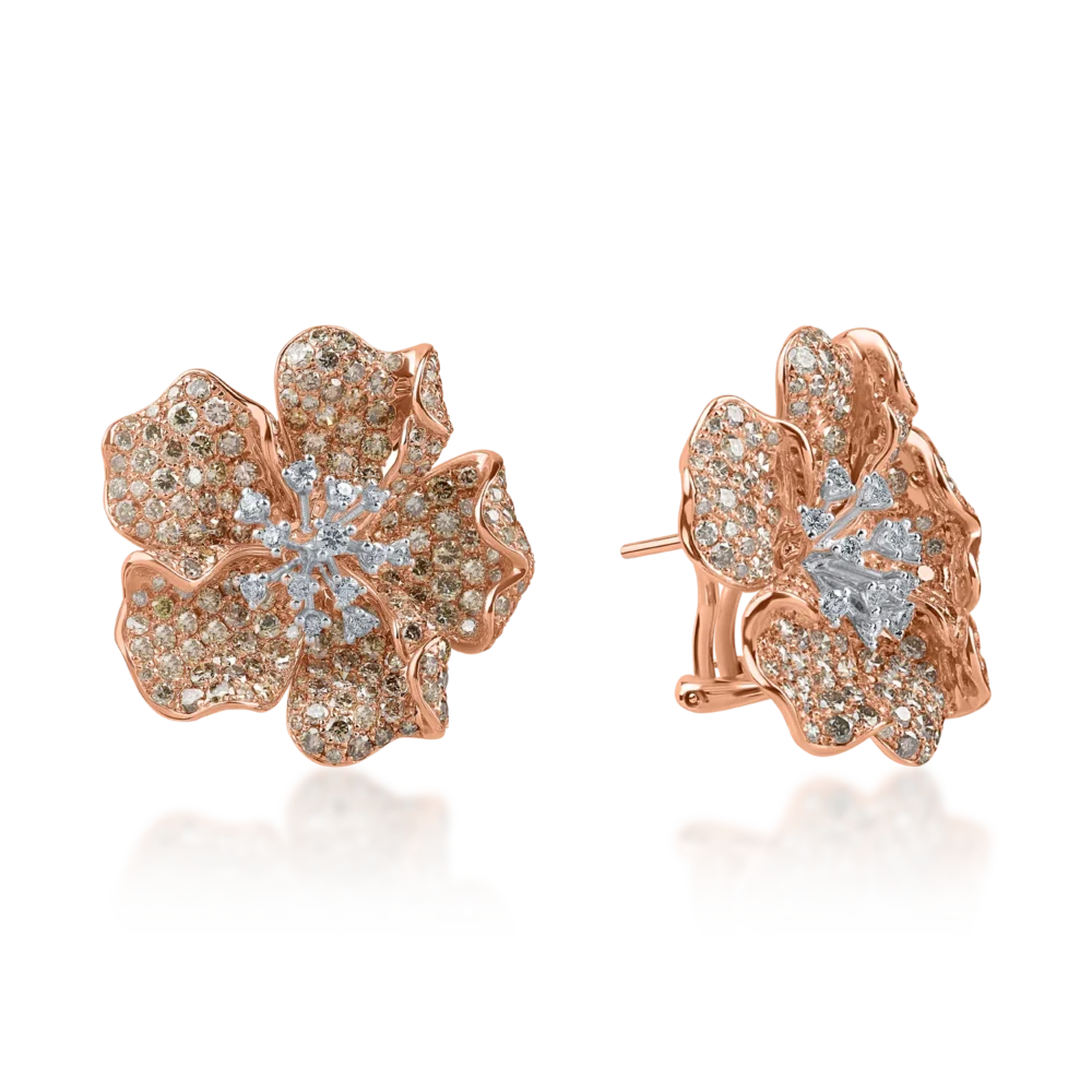 Cercei floare din aur roz cu diamante maro si incolore de 6.6ct