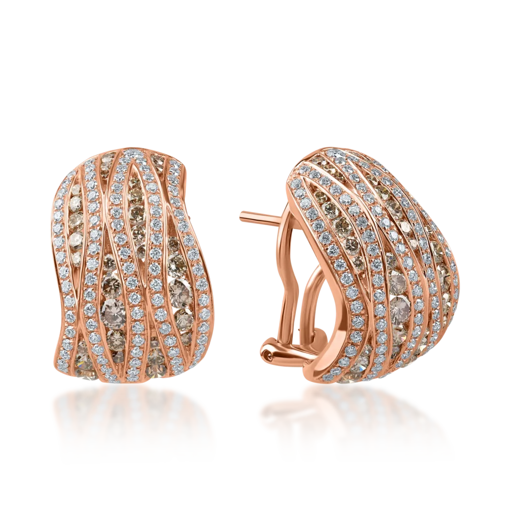Cercei geometrici din aur roz cu diamante maro si incolore de 2.12ct