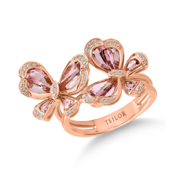 Inel fluturi din aur roz cu turmalina roz de 2.2ct si diamante de 0.15ct