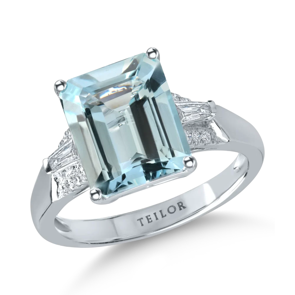 Inel din aur alb cu acvamarin rectangular de 3.2ct si diamante de 0.2ct