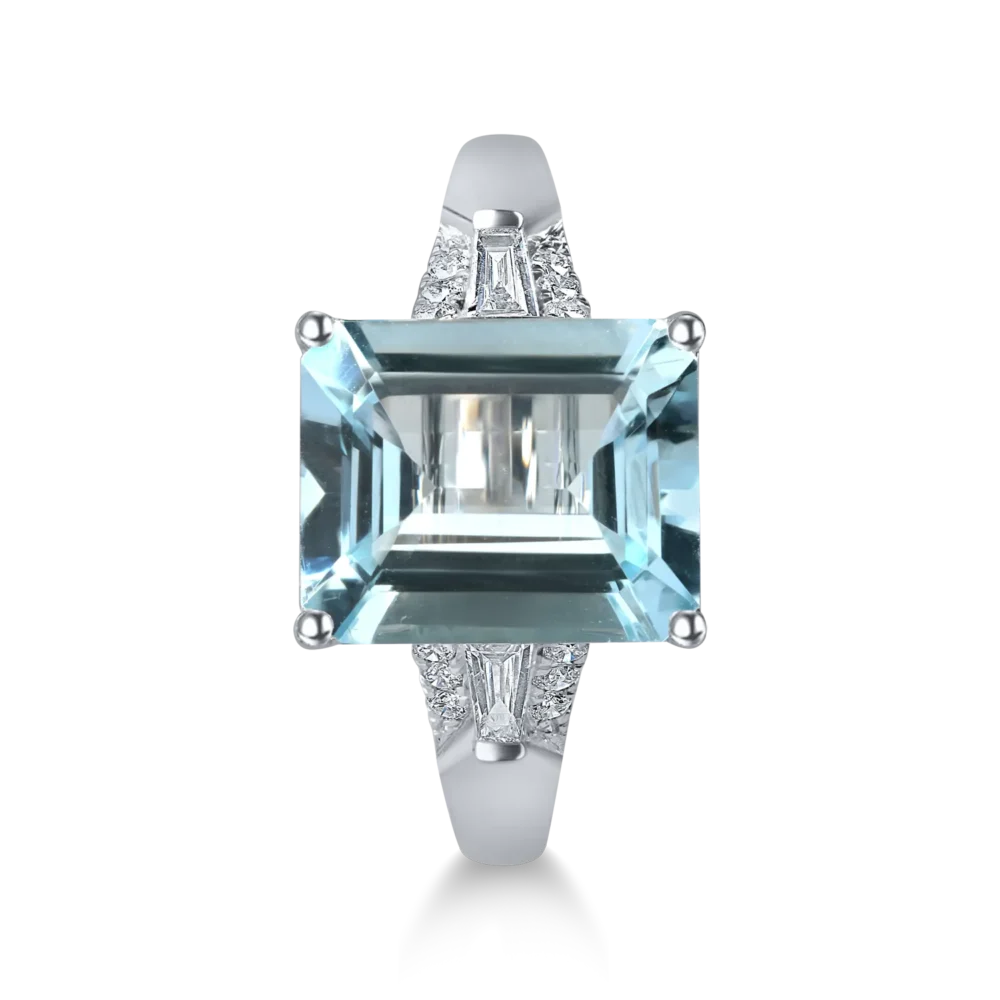 Inel din aur alb cu acvamarin rectangular de 3.2ct si diamante de 0.2ct - imagine 2