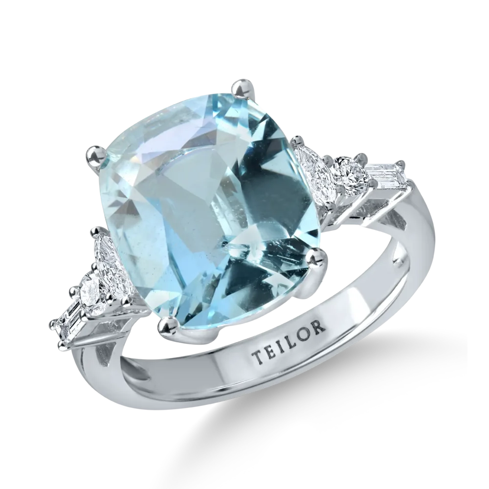 Inel din aur alb cu acvamarin rectangular de 4.9ct si diamante de 0.3ct