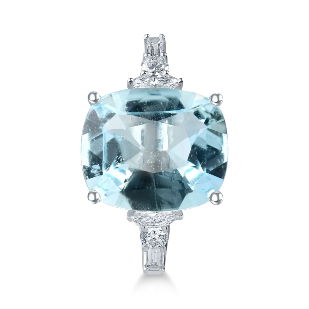 Inel din aur alb cu acvamarin rectangular de 4.9ct si diamante de 0.3ct - imagine 2