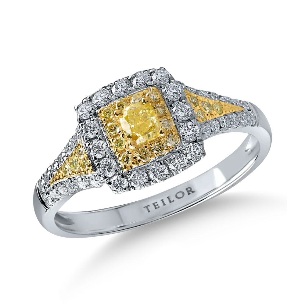 Inel din aur alb-galben cu diamante galbene cushion si rotunde si incolore de 0.74ct