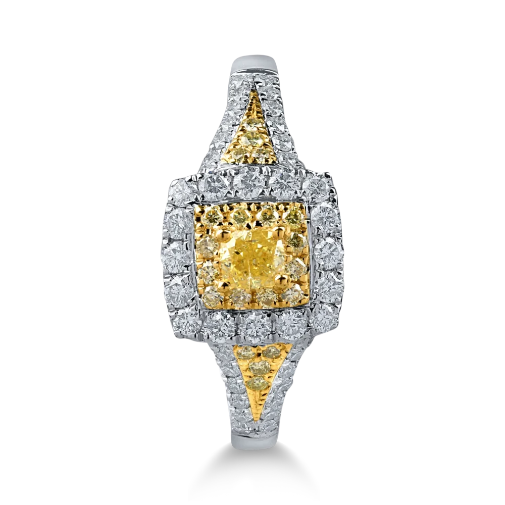 Inel din aur alb-galben cu diamante galbene cushion si rotunde si incolore de 0.74ct - imagine 2