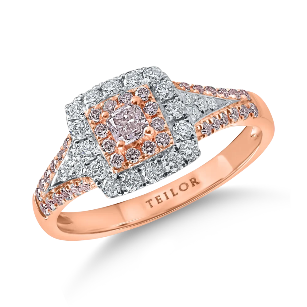 Inel din aur alb-roz cu diamante roz cushion si rotunde si diamante incolore de 0.69ct