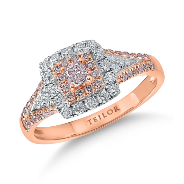 Inel din aur alb-roz cu diamante roz cushion si rotunde si diamante incolore de 0.69ct