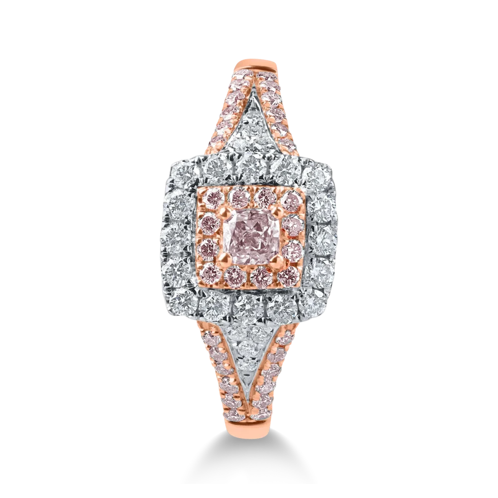 Inel din aur alb-roz cu diamante roz cushion si rotunde si diamante incolore de 0.69ct - imagine 2