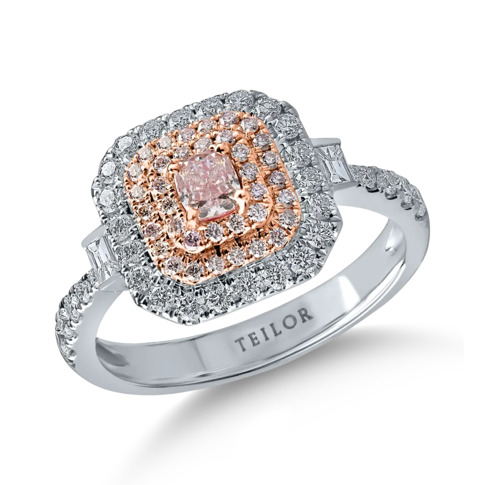 Inel din aur alb-roz cu diamante roz cushion si rotunde si diamante incolore baguette si rotunde de 1ct