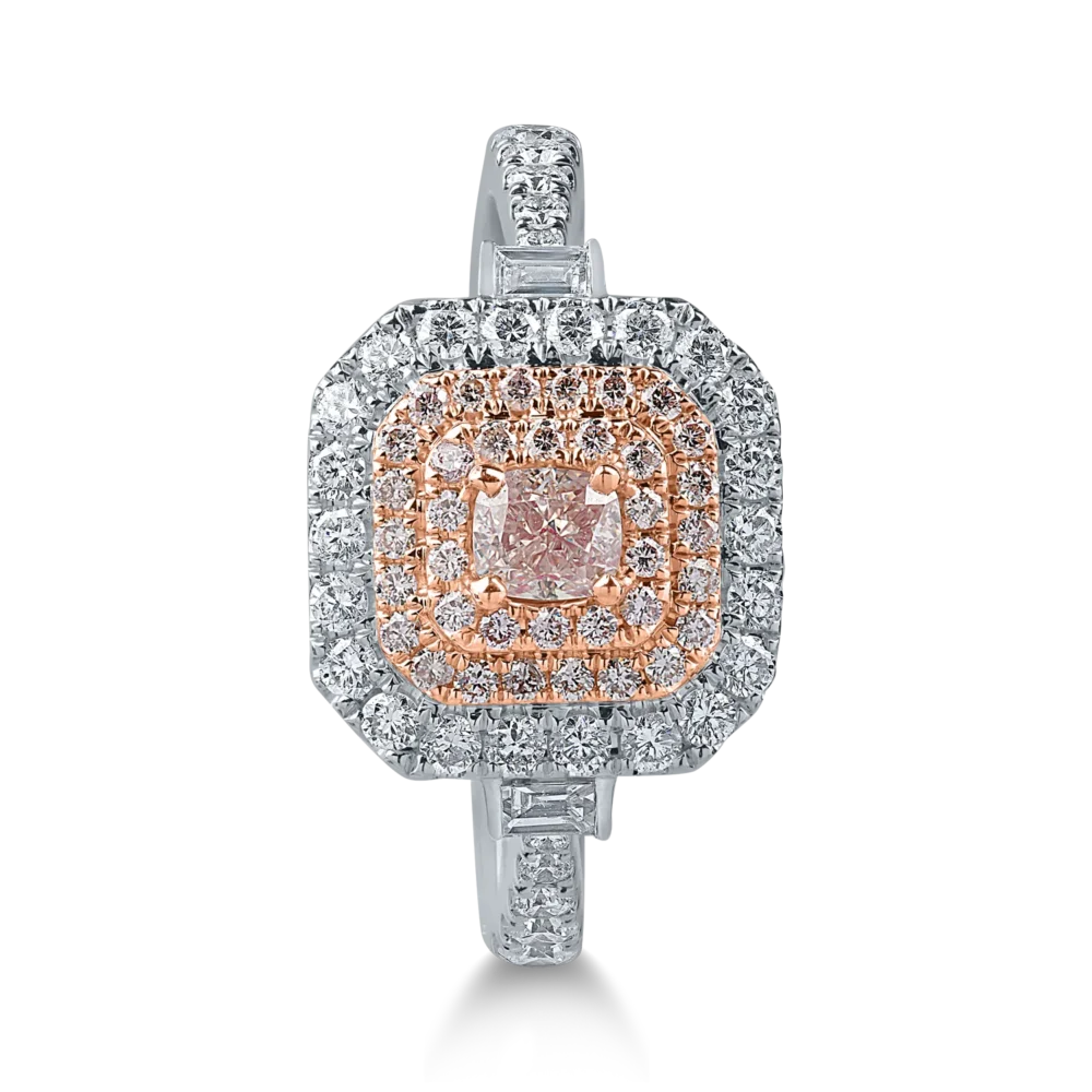Inel din aur alb-roz cu diamante roz cushion si rotunde si diamante incolore baguette si rotunde de 1ct - imagine 2
