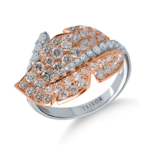 Inel frunza din aur alb-roz cu diamante roz si incolore de 1.69ct