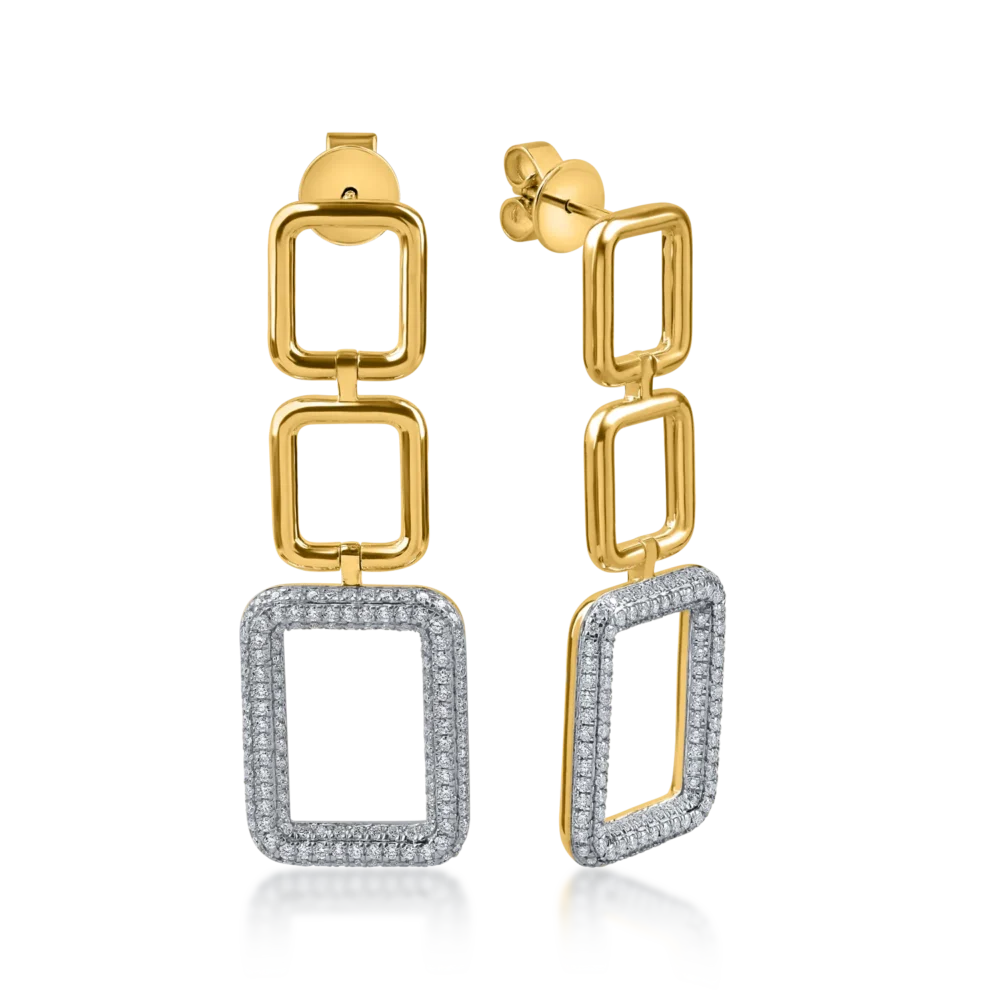 Cercei lungi geometrici din aur alb-galben cu diamante de 1.3ct