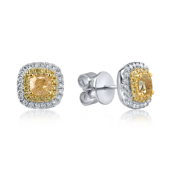 Cercei din aur alb-galben cu diamante galbene cushion si round si diamante incolore de 1.3ct