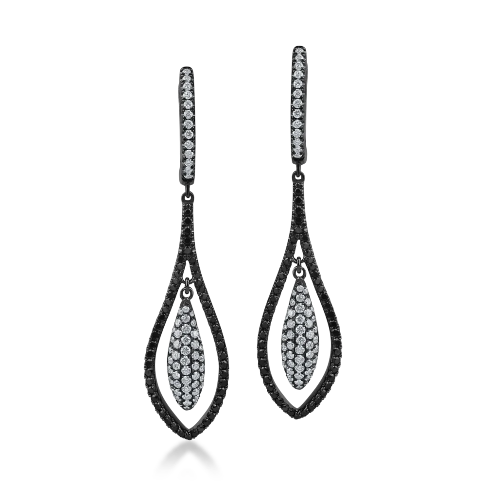 Cercei lungi din aur alb negru cu diamante negre de 0.5ct si diamante incolore de 0.5ct - imagine 2