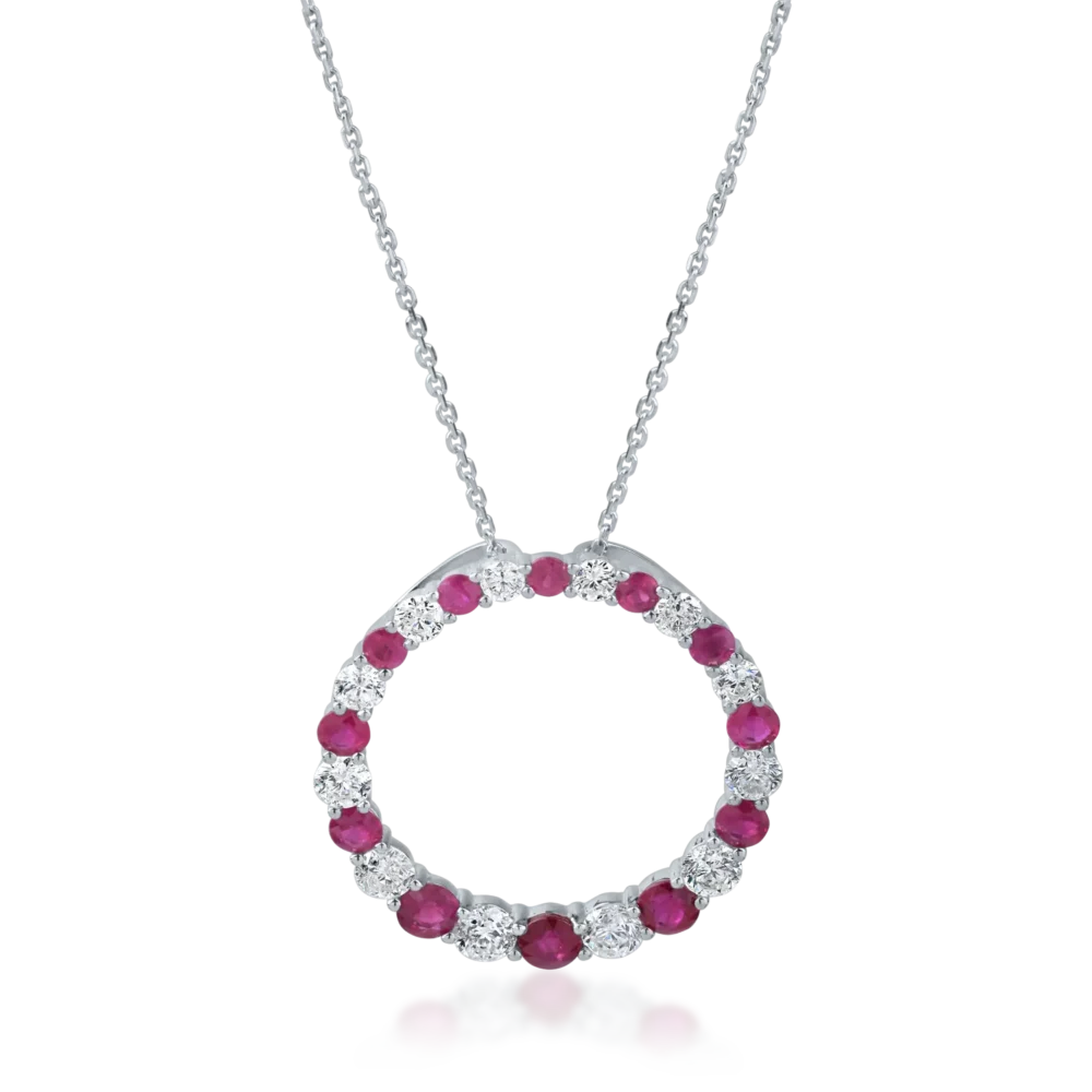 Lant cu pandantiv geometric din aur alb cu rubine de 1.67ct si diamante de 1.33ct