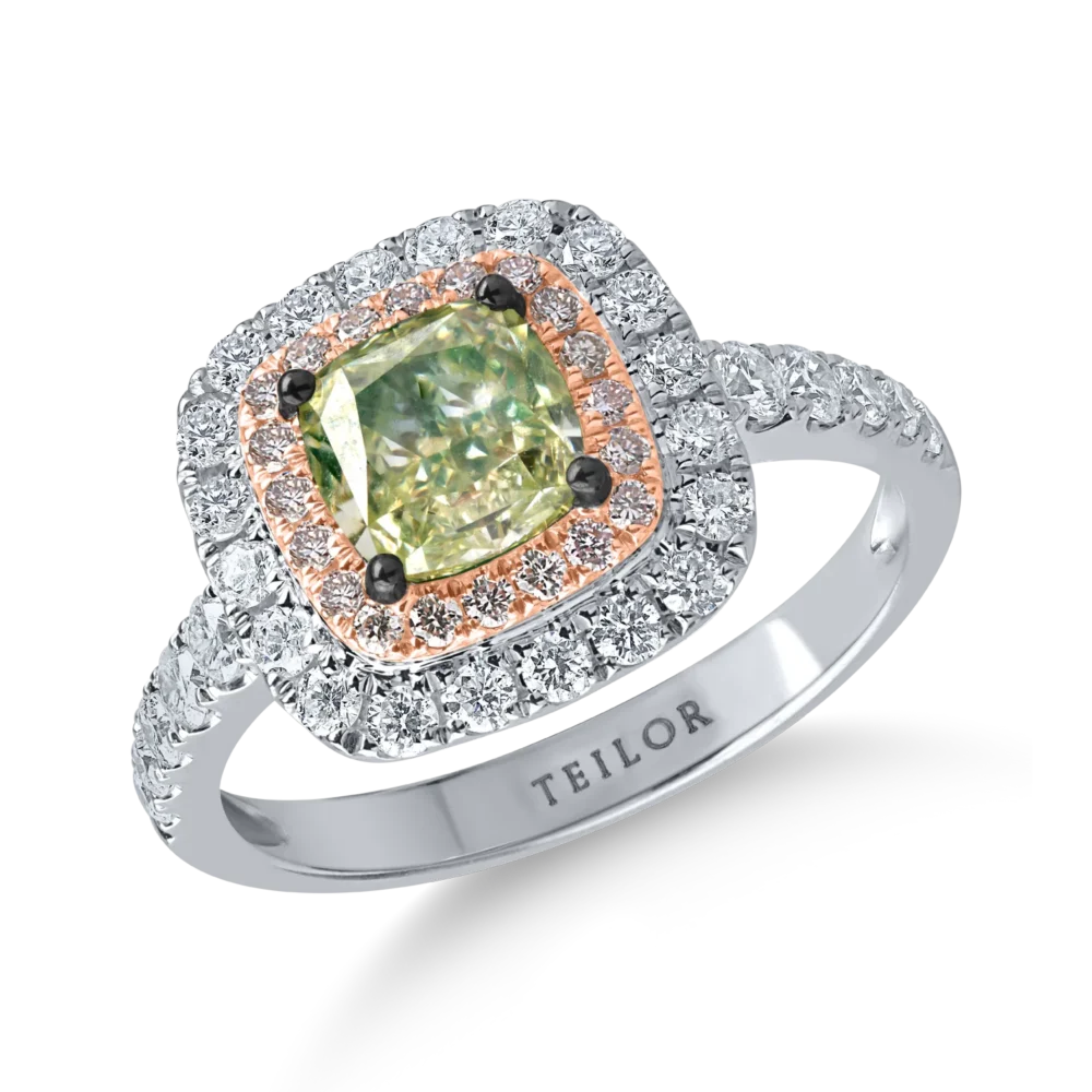 Inel din aur alb-roz cu un diamant verde cushion de 1.5ct si diamante incolore de 0.7ct