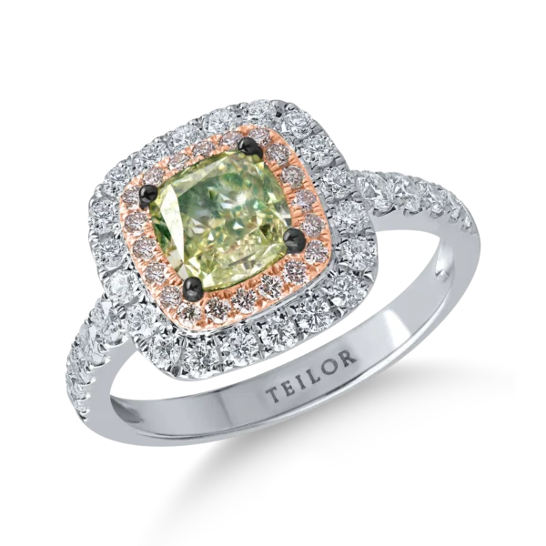 Inel din aur alb-roz cu un diamant verde cushion de 1.5ct si diamante incolore de 0.7ct