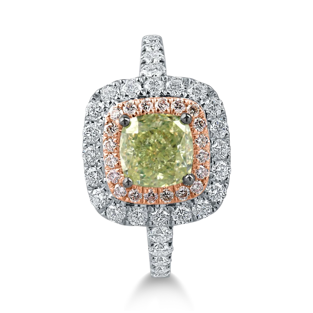 Inel din aur alb-roz cu un diamant verde cushion de 1.5ct si diamante incolore de 0.7ct - imagine 2