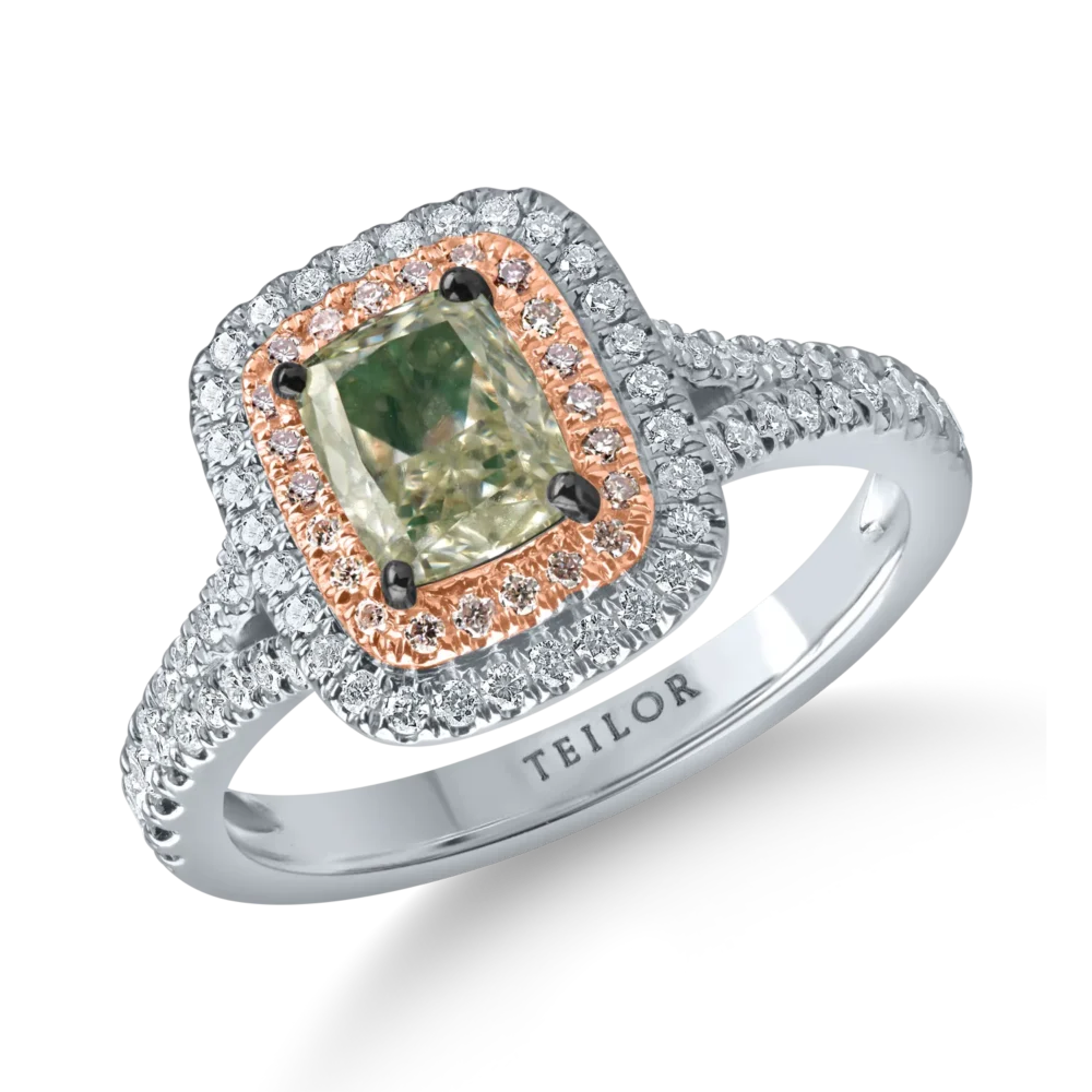 Inel din aur alb-roz cu un diamant verde rectangular de 1ct si diamante incolore de 0.4ct
