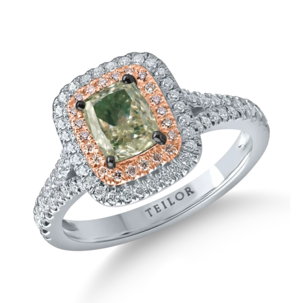 Inel din aur alb-roz cu un diamant verde rectangular de 1ct si diamante incolore de 0.4ct