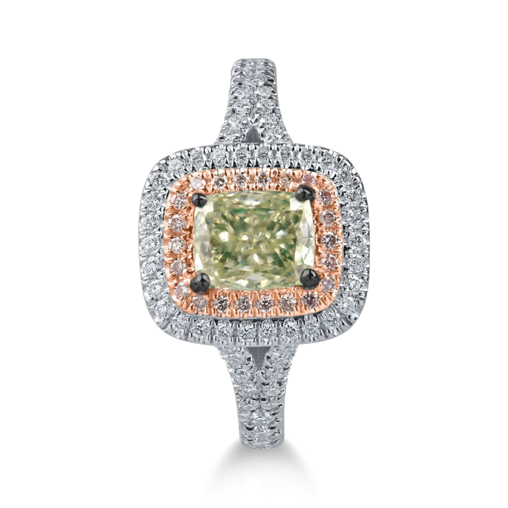 Inel din aur alb-roz cu un diamant verde rectangular de 1ct si diamante incolore de 0.4ct - imagine 2