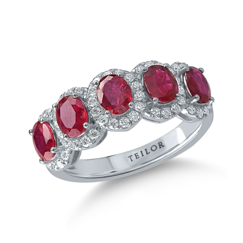 Inel din aur alb cu rubine ovale de 1.8ct si diamante de 0.4ct