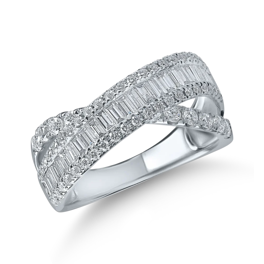 Inel impletit din aur alb cu diamante baguette si rotunde de 1.2ct