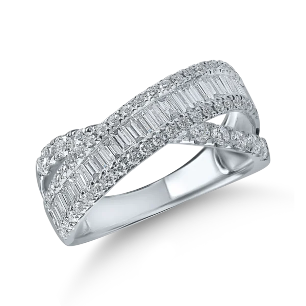 Inel impletit din aur alb cu diamante baguette si rotunde de 1.2ct