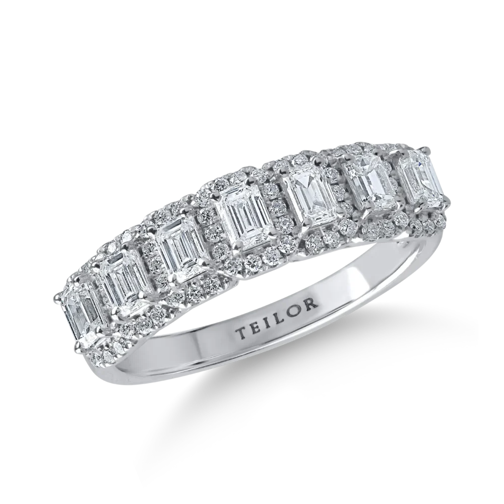 Inel minimalist din aur alb cu diamante emerald si rotunde de 1.1ct