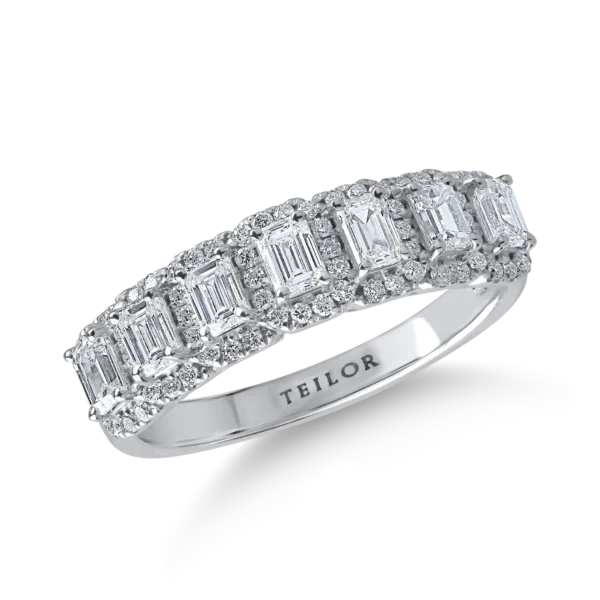 Inel minimalist din aur alb cu diamante emerald si rotunde de 1.1ct