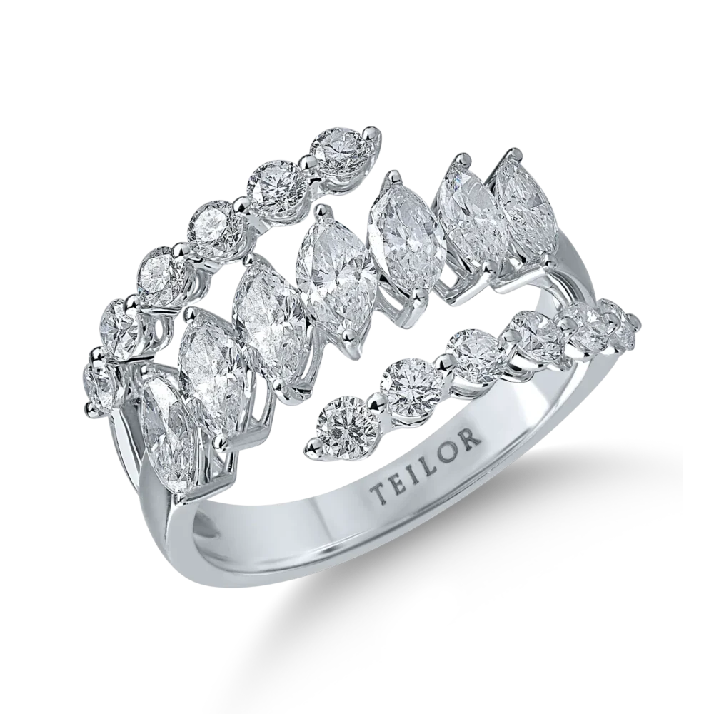 Inel geometric din aur alb cu diamante marquise si rotunde de 2.12ct