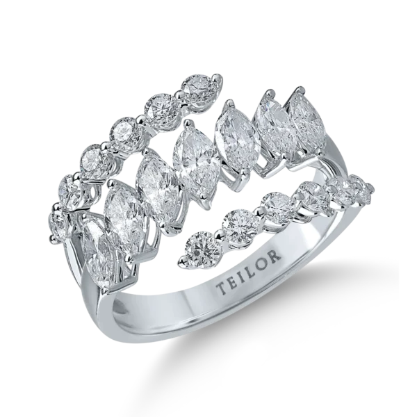 Inel geometric din aur alb cu diamante marquise si rotunde de 2.12ct