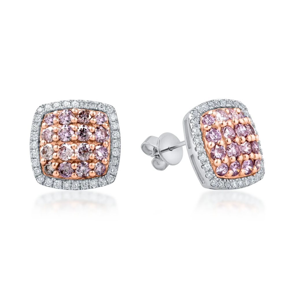 Cercei geometrici din aur alb-roz cu diamante roz si incolore de 1.15ct