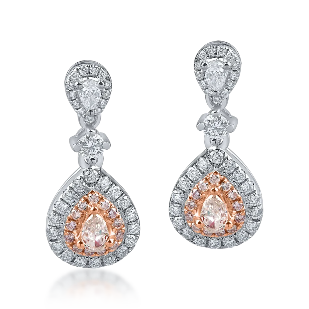 Cercei din aur alb-roz cu diamante roz si incolore pear si rotunde de 0.9ct - imagine 2