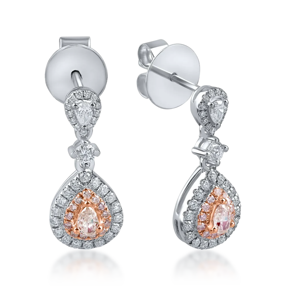 Cercei din aur alb-roz cu diamante roz si incolore pear si rotunde de 0.9ct