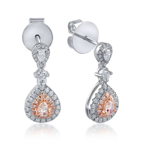 Cercei din aur alb-roz cu diamante roz si incolore pear si rotunde de 0.9ct