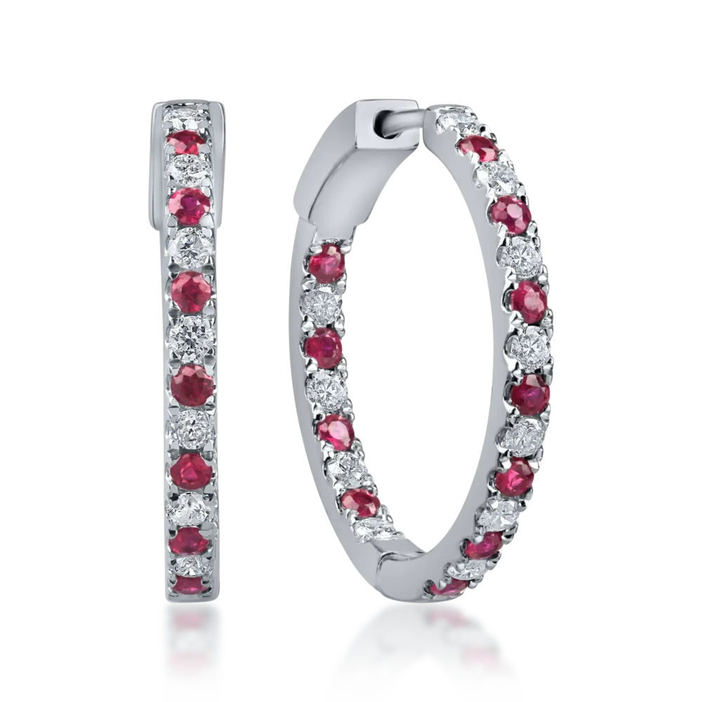 Cercei minimalisti din aur alb cu rubine de 0.8ct si diamante de 0.7ct
