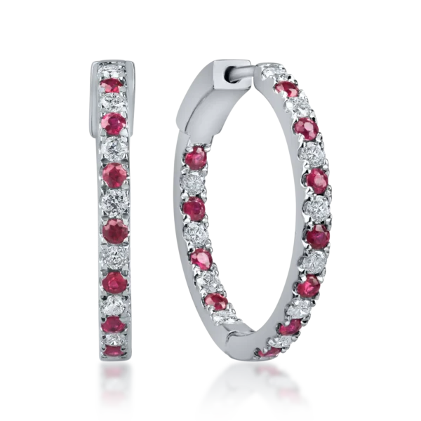 Cercei minimalisti din aur alb cu rubine de 0.8ct si diamante de 0.7ct