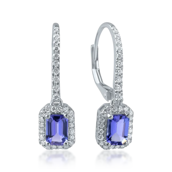 Cercei geometrici din aur alb cu tanzanite rectangulare de 1ct si diamante de 0.3ct