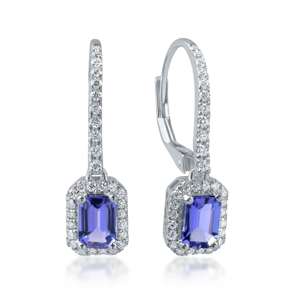 Cercei geometrici din aur alb cu tanzanite rectangulare de 1.2ct si diamante de 0.3ct