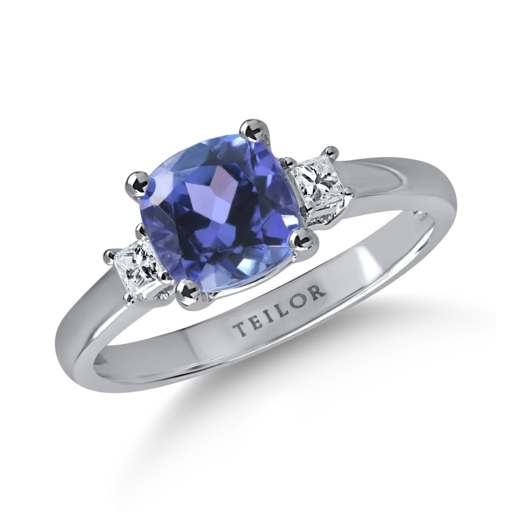 Inel geometric din aur alb cu tanzanit cushion de 1.6ct si diamante de 0.1ct