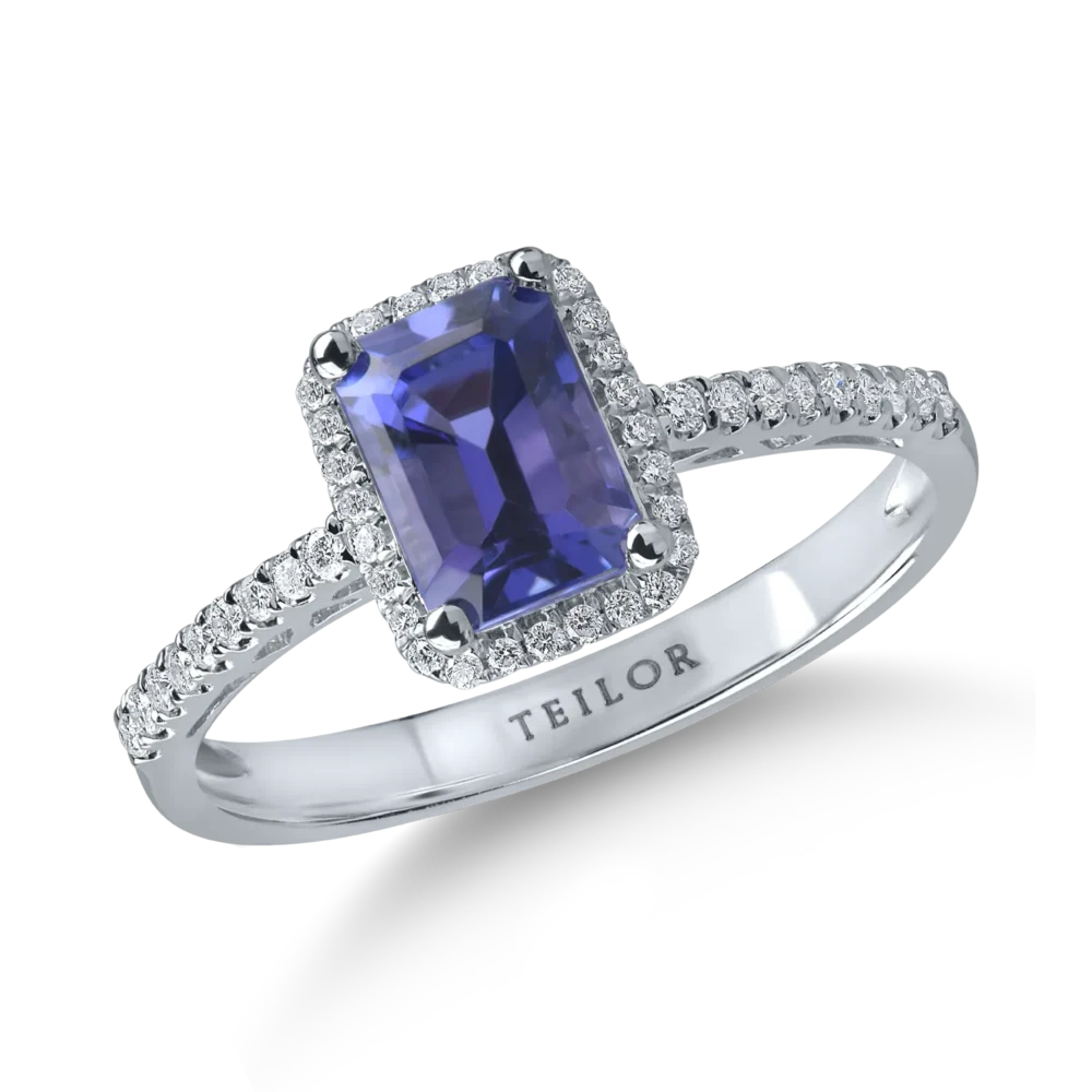 Inel geometric din aur alb cu tanzanit rectangular de 0.9ct si diamante de 0.1ct