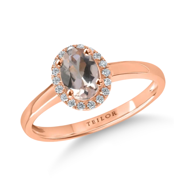 Inel geometric din aur roz cu morganit oval de 0.6ct si diamante de 0.1ct