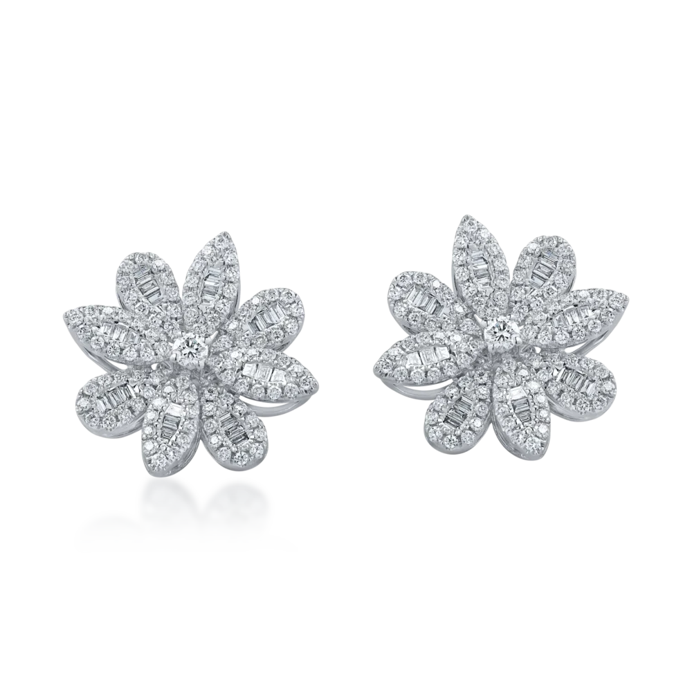 Cercei floare din aur alb cu diamante baguette si rotunde de 1.37ct - imagine 2