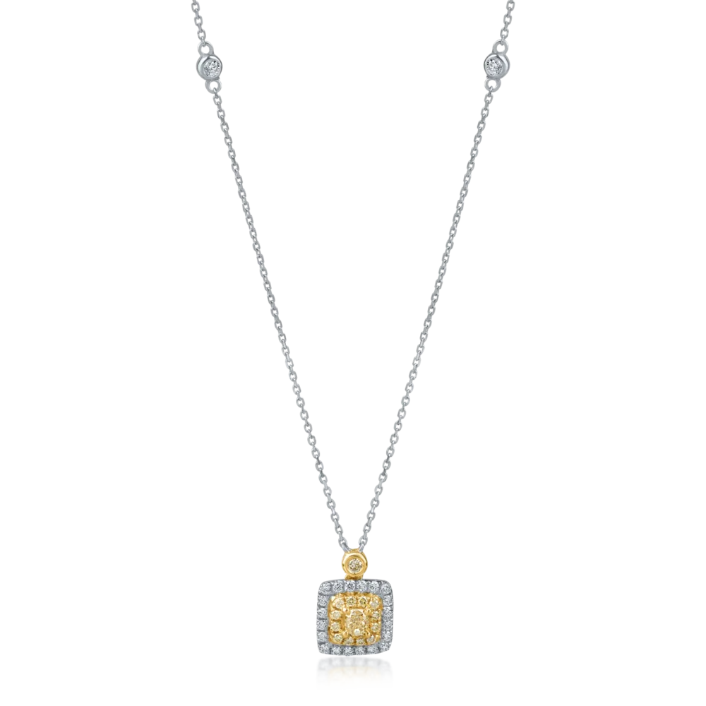 Lant cu pandantiv din aur alb-galben cu diamante galbene rectangulare si rotunde si diamante incolore de 0.68ct